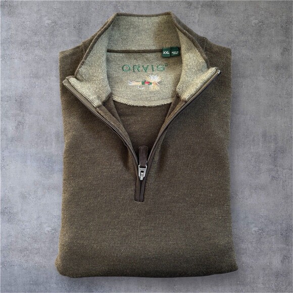 NWOT 149$ Orvis Merino Wool 1/4 Zip Pullover - Men XXL Olive Green Knit Sweater - Picture 1 of 5